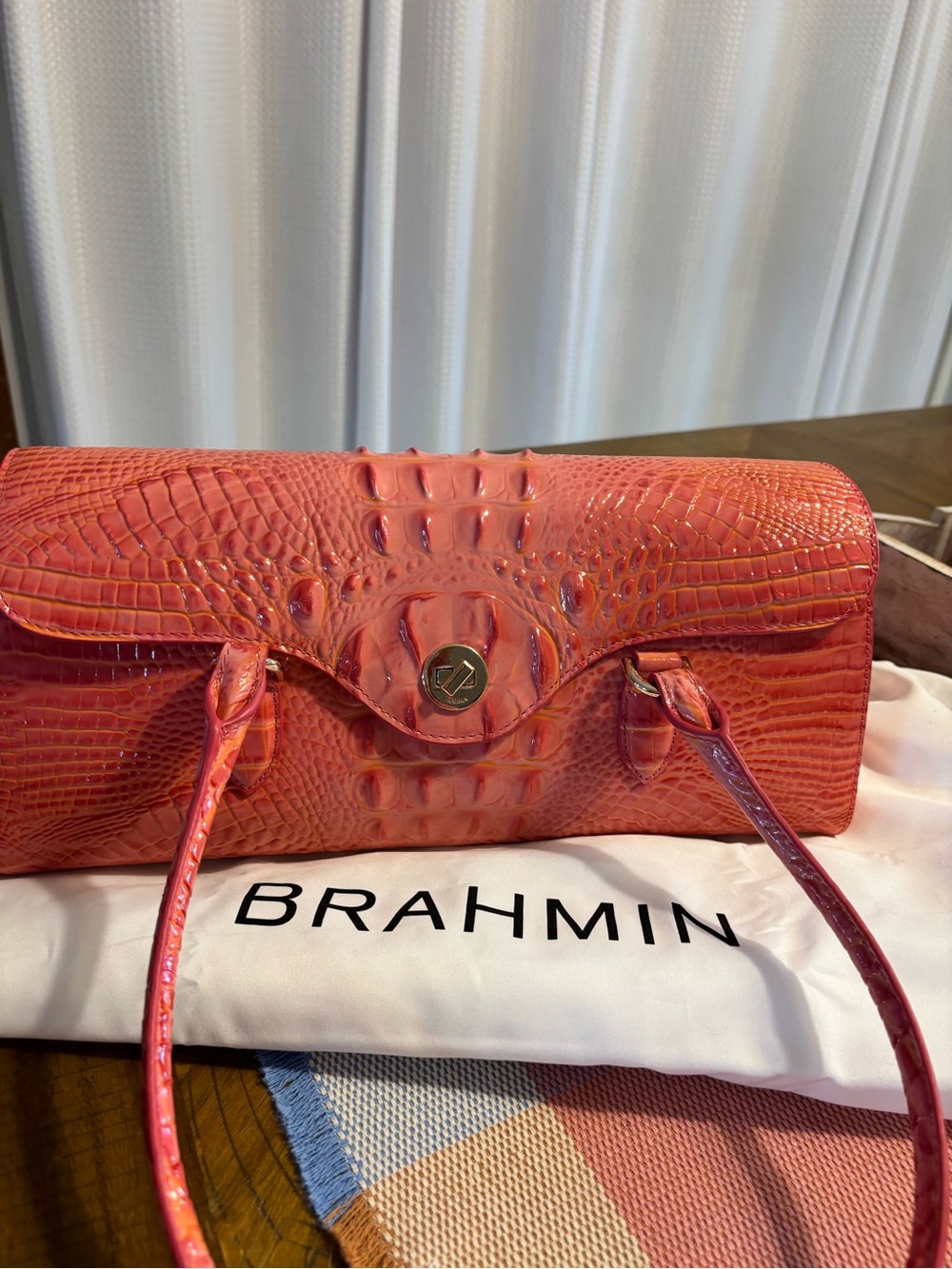 Brahmin Coral Pink Croc-Embossed Shoulder Bag